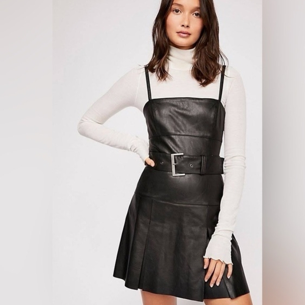Free people Black Faux Leather Belted Mini Dress size 10. offers welcomed